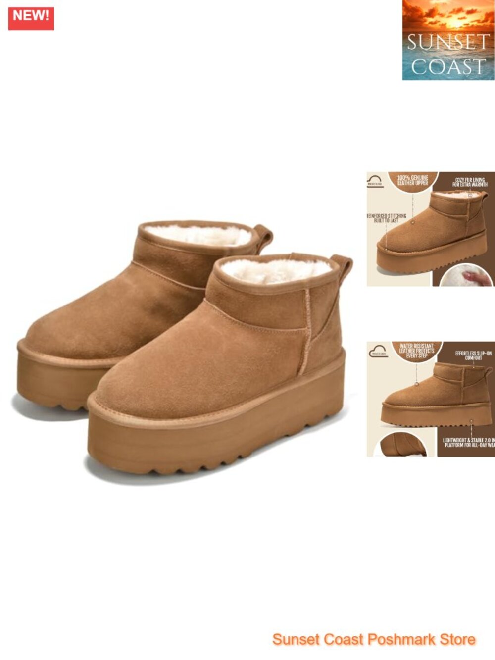 Genuine Suede Ankle Boots Waterproof Platform Faux Fur Lined Womens